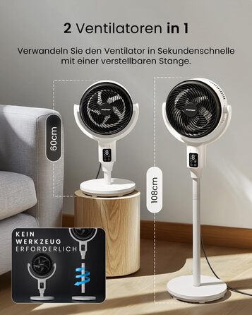Вентилятор Pro Breeze AirFlo Standventilator 109 см – тихий вентилятор з пультом та LED-дисплеєм, 2 режими, осциляція, 29 дБ, регульована висота, енергоефективний для спальні, офісу та дому