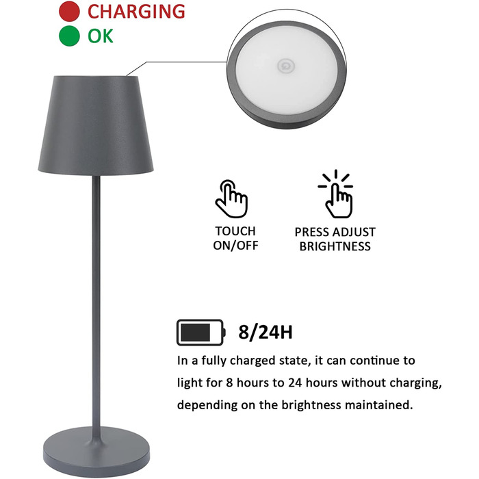 LED настільна лампа K-Bright з регулюванням яскравості | Акумуляторна, для дому та вулиці | Тепле світло | USB зарядка | 1 шт. (Темно-сіра)