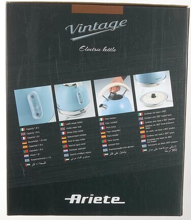 Електрочайник Ariete Vintage 2877, ретро дизайн, 1,7 л, 2000 Вт, нержавіюча сталь, видимий рівень води, автоматичне вимкнення, бездротовий 360° підставка, ергономічна ручка, блакитний