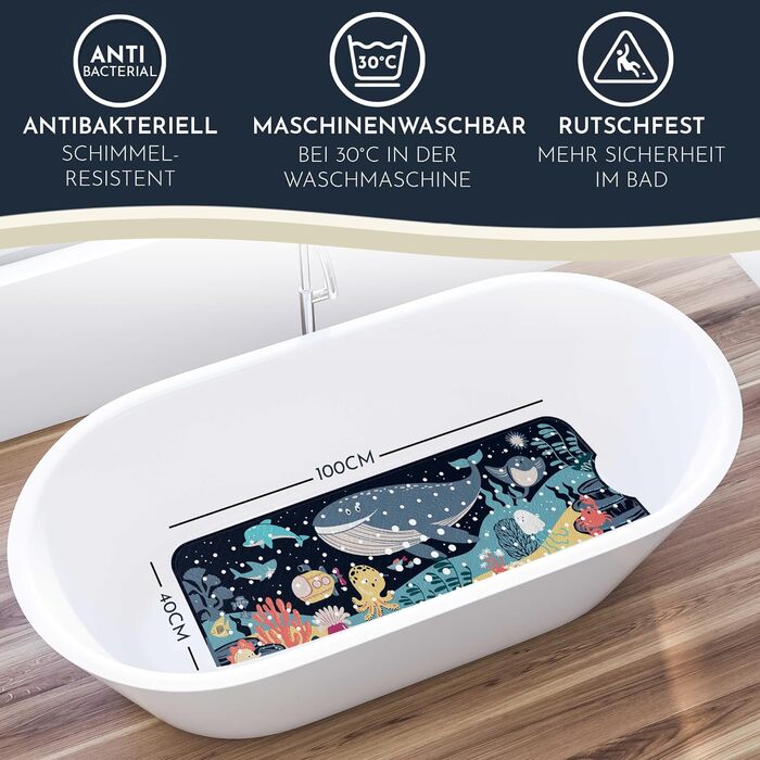 Дитячий килимок для ванни Homerella, антиковзний, 100% BPA-free, 100x40 см, з 2 гачками, шкірно-безпечний, стійкий до цвілі, можна прати, дизайн Deep Blue Ocean Friends