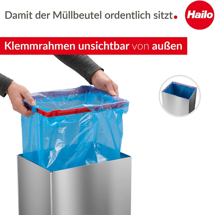 Смітник Hailo Big-Box Swing XL 52 л з автозакриванням, прямокутний, з нержавіючої сталі, для кухні, з тримачем для пакета, виробництво Німеччина