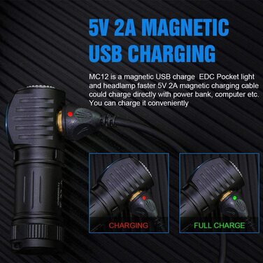 Ліхтарик TrustFire MC12 Mini LED, 1000 Люмен, акумулятор 16340, магнітна USB зарядка, без налобного ременя, чорний