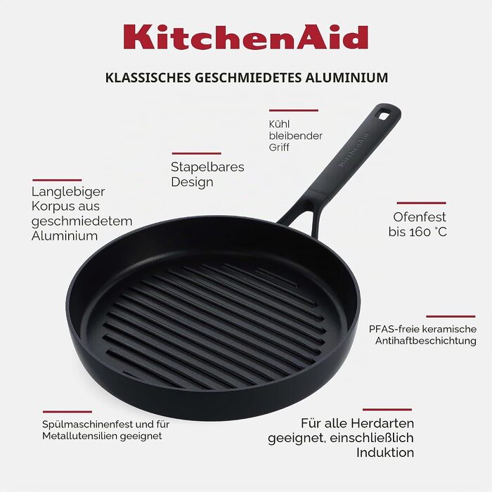 Набір сковорідок KitchenAid Classic для індукційних плит (20, 24, 28 см), з керамічним антипригарним покриттям без PFAS, твердоанодизований алюміній, чорний