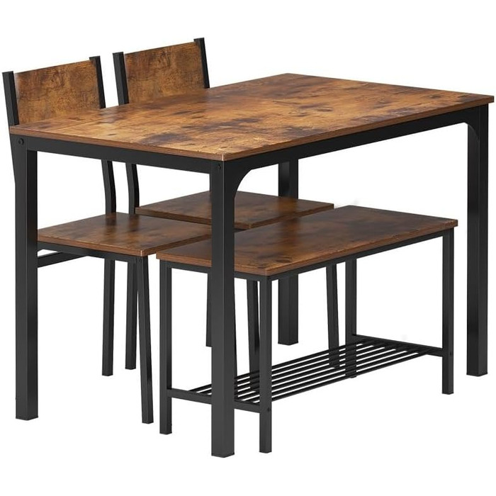 Обідній гарнітур sogesfurniture 4 предмети: стіл 110×70×76 см, 2 стільці, лавка, металевий каркас, прямокутний кухонний стіл з полицею для вітальні, їдальні, вінтажний коричневий