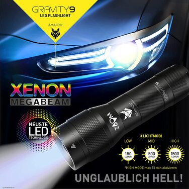 Ліхтарик AMAFOX G9 XENON Megabeam, надпотужний LED, тактичний, акумуляторний, з USB-C, чорний, для туризму та безпеки