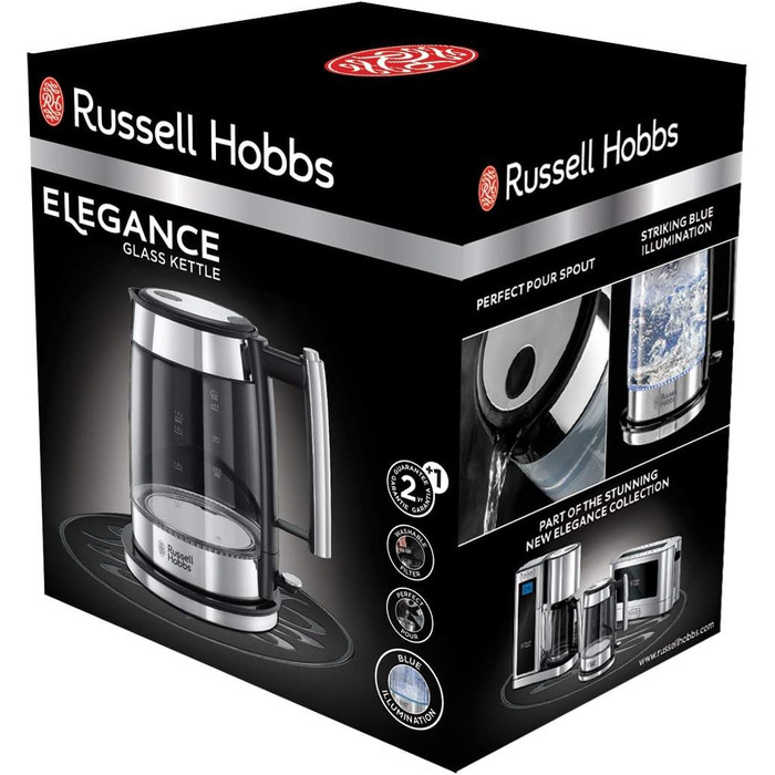 Тостер Russell Hobbs Elegance Glas/Нержавіюча сталь - для 2 скибок хліба або 1 широкої, 6 рівнів підсмажування, розморожування та підігрів, решітка для булочок