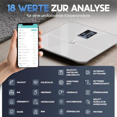 Цифрова ваги для аналізу складу тіла HELDENWERK Harmony, Bluetooth, до 180 кг, з мобільним додатком, вимірювання жиру, ІМТ, м'язової маси, білка, BMR, біла