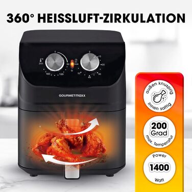 Аерофритюрниця GOURMETmaxx 4 л, 1400 Вт, таймер, нержавіюча сталь, з функціями попереднього нагріву та підтримки тепла, економна, майже без олії, матова чорна