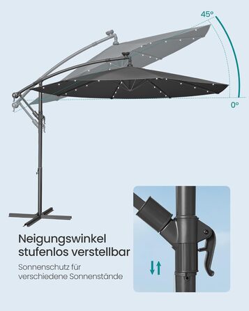 Парасолька SONGMICS з LED-сонячним підсвічуванням, 300 см, 32 LED, з підставкою, сонцезахист UPF 50+, для балкона, тераси, саду, сіра