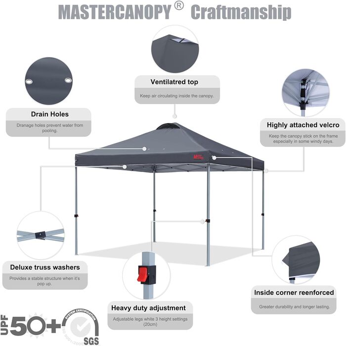 Тент шатро MasterCanopy 3x3 м з швидким розкладанням, Anthrazit. UPF50+, водонепроникний, з сумкою та мішками для вантажу. Для кемпінгу, заходів, саду.