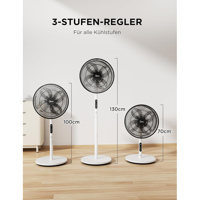 Вентилятор підлоговий Midea FS40-23MR з пультом, 3 швидкості, телескопічна штанга, поворот 90°, білий - тихий циркулятор