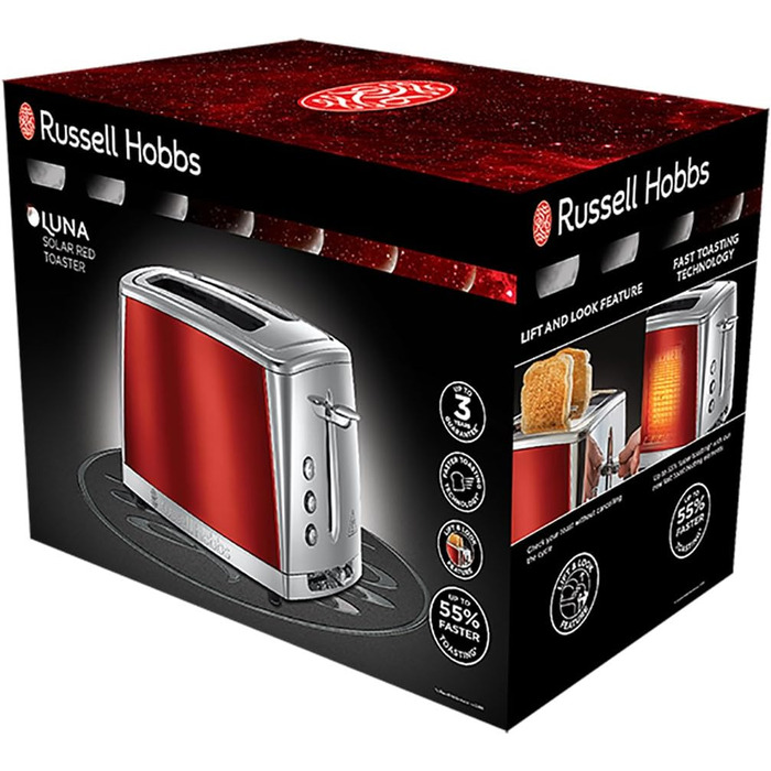 Тостер Russell Hobbs Luna Edelstahl Red на 2 тости, нержавіюча сталь, 6 режимів, розморожування, підігрів, підйом тостів, 1550 Вт