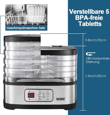 Електричний дегідратор YASHE GGJ-261A з 5 рівнями, регулюванням температури 35-70°C, 240W для фруктів та овочів, BPA-free (електронне керування)