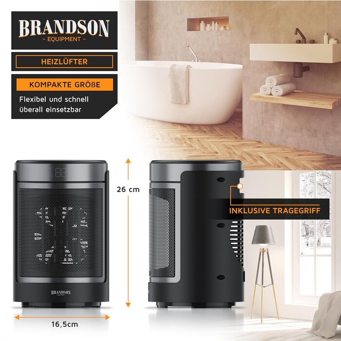 Тепловий обігрівач Brandson ECO Design з дистанційним керуванням, ECO-режимом та осциляцією, 2 рівні потужності, захист від перегріву та перекидання, колір Cool Grey