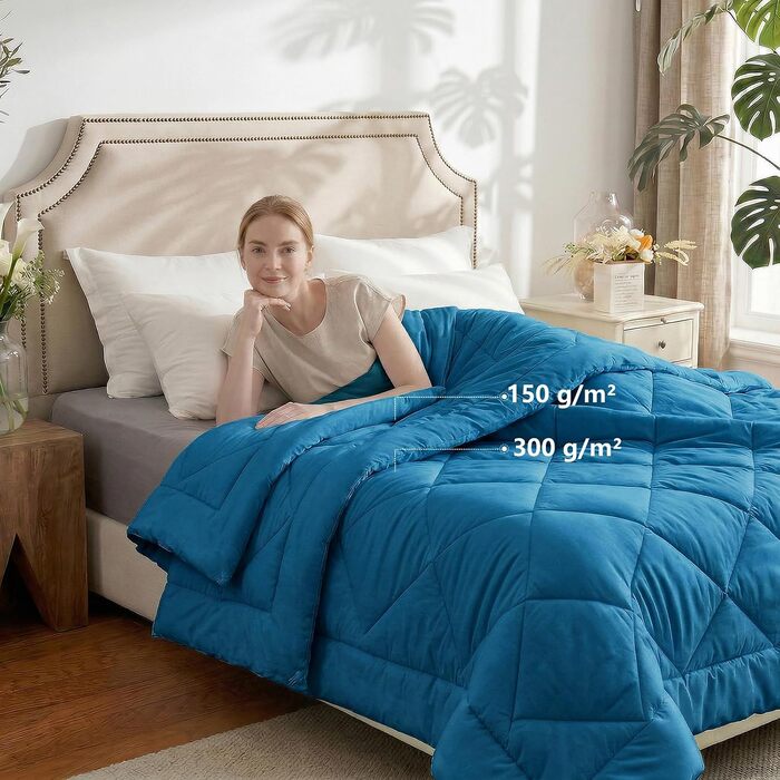 Комплект ковдр WAVVE 2 в 1 (всесезонна 300г/м² та літня 150г/м²), мікрофіброва стібана ковдра для зими та літа, 240x260 см, бірюзова