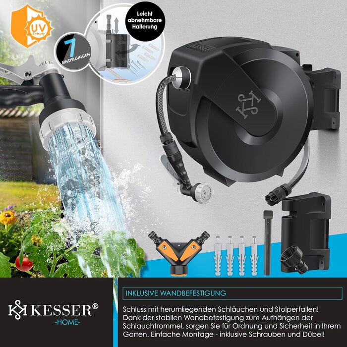 Шланг для саду KESSER® 35м з автоматичним підйомом | Шланг для поливу з тримачем для стіни | Водопровідна коробка для стіни з ручною лійкою 7-функцій | Антрацит/Чорний