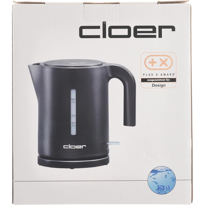 Електрочайник Cloer 4120, 2200 Вт, 1,2 л, чорний, захист від перегріву, велика індикація рівня води