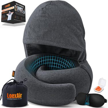 Подорожня подушка з капюшоном Hooded Pro з ефектом пам'яті для літака, авто та поїздок, бавовняна начіпка для сну, захист від світла, темно-сіра