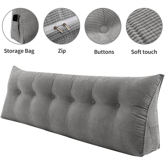 Подушка трикутна для спини OHMG 180x50x20 см, сіра - для ліжка та дивана, з кишенею, знімний чохол