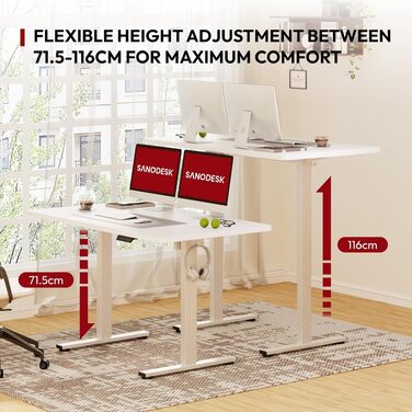 Електричний регульований стіл SANODESK з цільною стільницею 160x80 см, білий - з пам'яттю та гачком