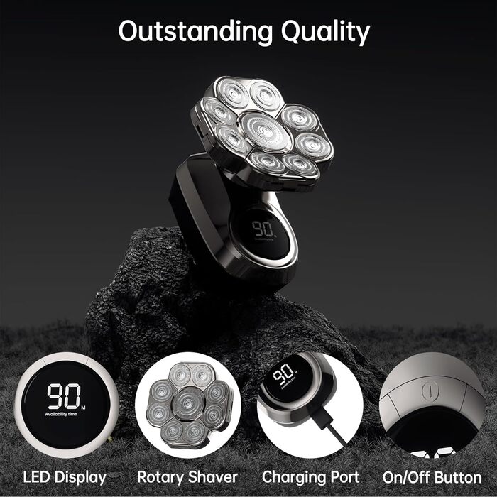 Електрична бритва для гоління голови чоловіча 9D Skull Shaver, водонепроникна IPX7, LCD-дисплей, 6-в-1 з тримером для носа, Type-C зарядка