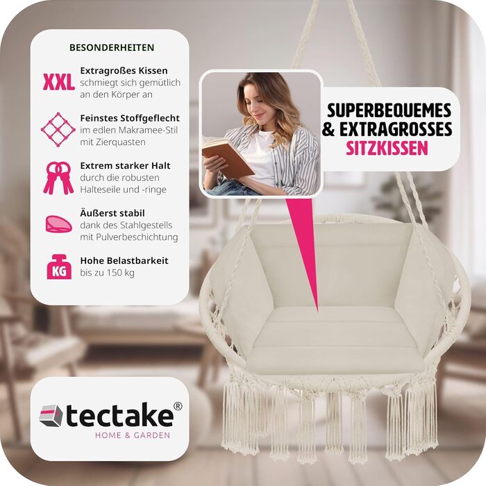 Гойдалка-крісло tectake для дому та вулиці з м'якою подушкою, підвісне крісло з міцною рамою до 150 кг, для тераси й балкону, бежеве