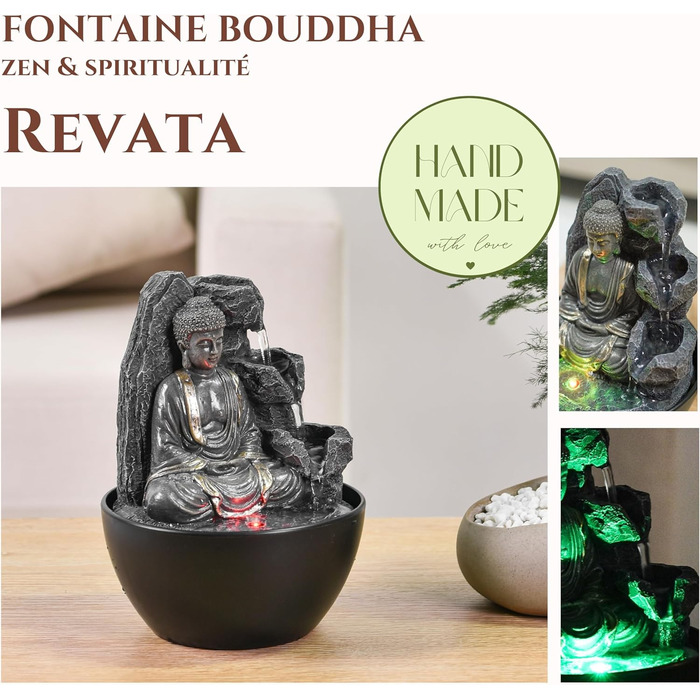 Декоративний кімнатний фонтан Будда з LED-підсвіткою, водоспад, Zen Feng Shui, Revata Zen'Light, 18 см – подарунок для дому, талісман на удачу