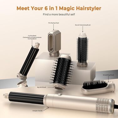 UKLISS Hairstyler 6 в 1: Професійний набір для укладки волосся (фен-щітка, плойка, випрямляч) 1000W, срібно-золотий