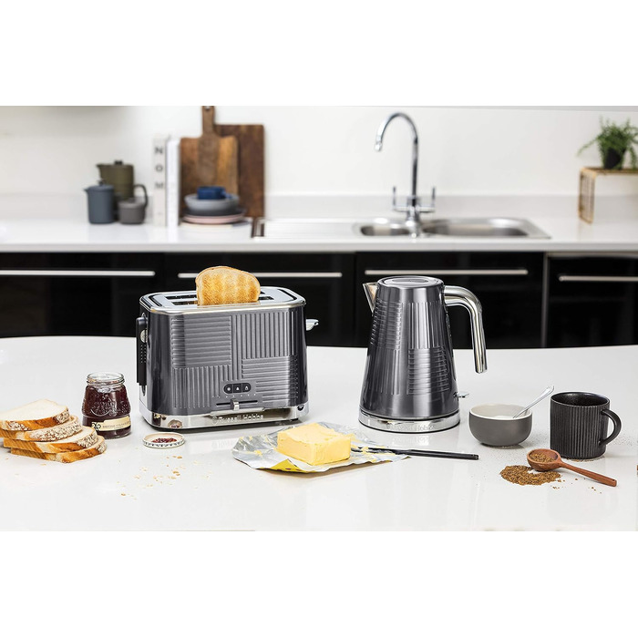 Тостер Russell Hobbs Geo Edelstahl Grau на 2 тости, нержавіюча сталь, сірий. Широкі слоти, підставка для булочок, 6 режимів, розморожування, підігрів, швидкий нагрів 1640 Вт