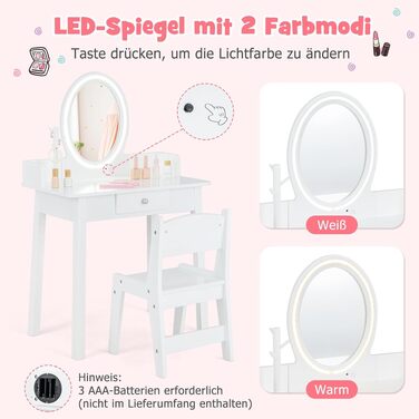 Дитячий туалетний столик DREAMADE для дівчаток з LED-дзеркалом, шухлядою та стільчиком, дерев'яні ніжки з сосни, білий