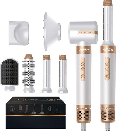 UKLISS Airstyler – багатофункціональний стайлер для волосся 7 в 1, фен-щітка з дифузором, автоматичний плойка, 110000 об/хв, для всіх типів волосся, білий