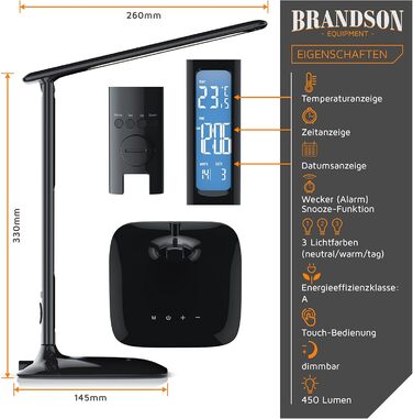 Настільна LED лампа Brandson з регулюванням яскравості, захистом очей, 3 кольорами світла (холодне, тепле, нейтральне), 5 рівнів яскравості, термометром, будильником і календарем, чорна