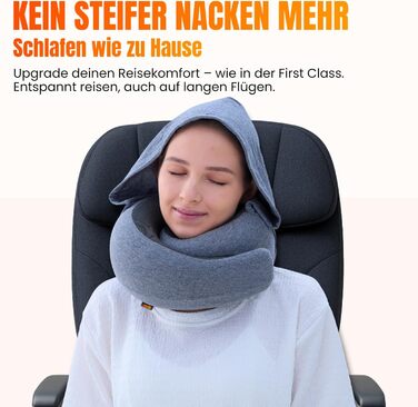 Подорожня подушка для шиї з капюшоном з ефектом пам'яті (Memory Foam) для літака, авто та поїздок, 100% бавовна, світло-сіра (Hooded Pro)