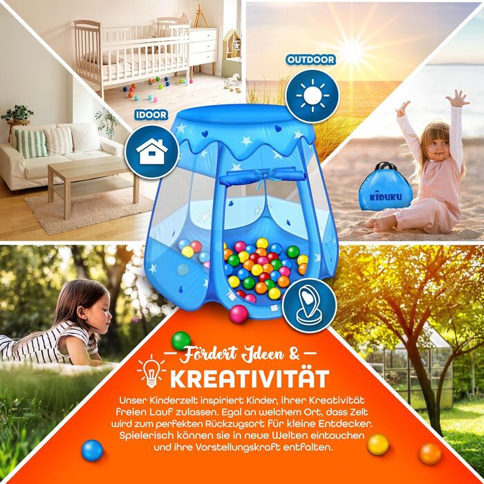 Дитячий намет-ігровий будиночок KIDUKU з кульковим басейном (100 кульок) та сумкою для зберігання, блакитний - для дому та вулиці