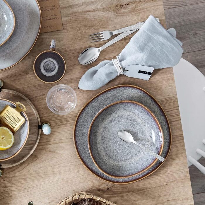 Сервіз Villeroy & Boch Lave Beige 12 предметів: тарілки 28 см і супові миски 21 см на 6 персон, стійке до подряпин, стоновий посуд, бежевий