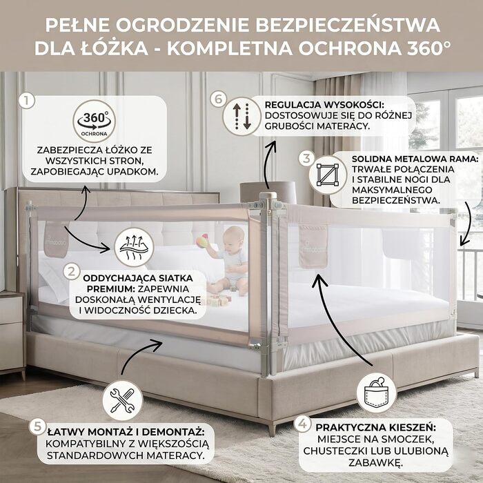 Комплект захисних бортиків для дитячого ліжка Primabobo (3 шт: 2x200 см + 1x160 см), бар'єр від випадання з ліжка, бежевий