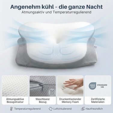 Ортопедична подушка для сну з ефектом пам'яті для шиї та спини - Ergonomisches Kissen - Сіра/Біла, з 2 наволочками, регульована висота, сертифікована, при болях у шиї