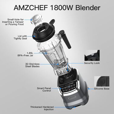 Потужний блендер AMZCHEF 2-в-1 з двома чашами 2000 Вт, стаціонарний міксер-смузі мейкер 1,85 л, 6 лез, портативний блендер 600 мл з кришкою, сірий
