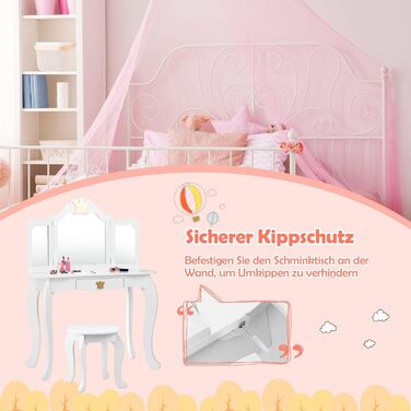 Дитячий туалетний столик DREAMADE з дзеркалом, стільчиком і шухлядою, білий дерев'яний косметичний стіл для дівчаток з фіксацією, знімним дзеркалом і захистом від перекидання