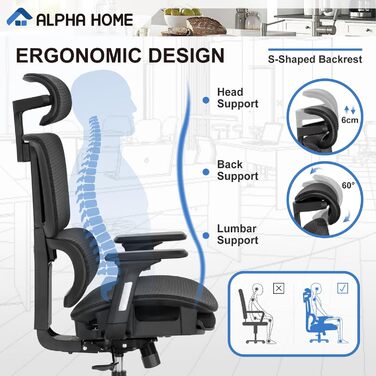 Ергономічне офісне крісло ALPHA HOME з підніжкою, регульованим підголівником і 3D підлокітниками, дихаючий комп'ютерний стілець для керівника, висока спинка, вантажопідйомність до 160 кг, чорний