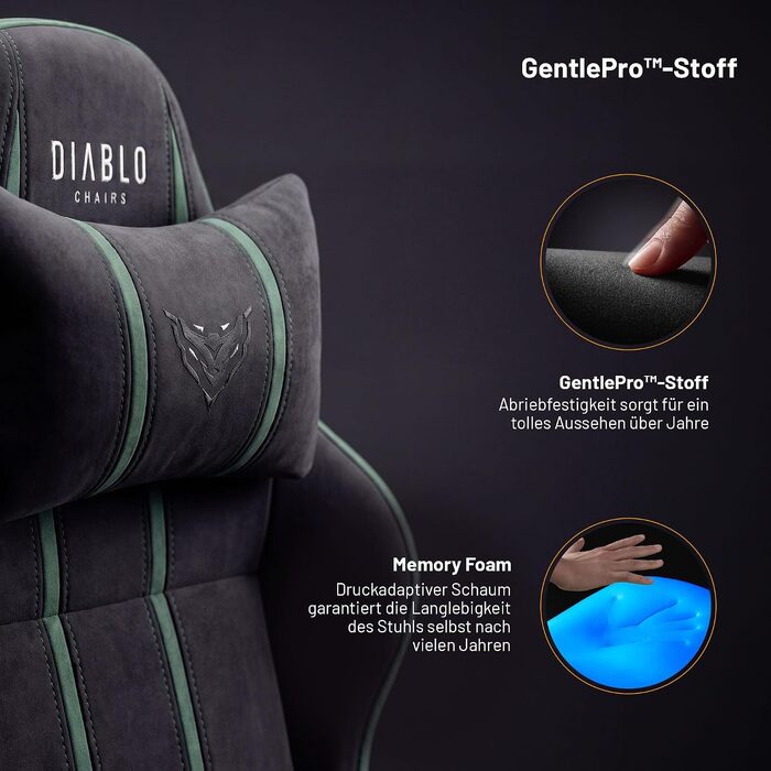 Ігрове крісло Diablo Gaming з тканини для дітей та підлітків, 3D підлокітники, розмір L, колір Forest Green