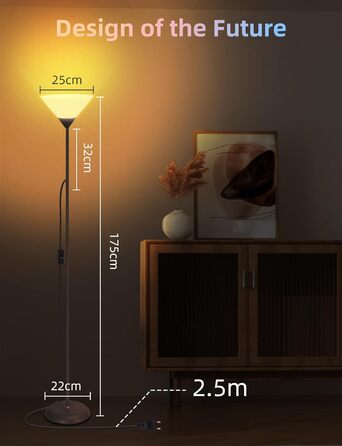 LED торшер Aigostar для вітальні та спальні, з Bluetooth Mesh G45 E27 6.5W лампою, димером, RGB та 2700K-6500K, з пультом, сумісний з Alexa