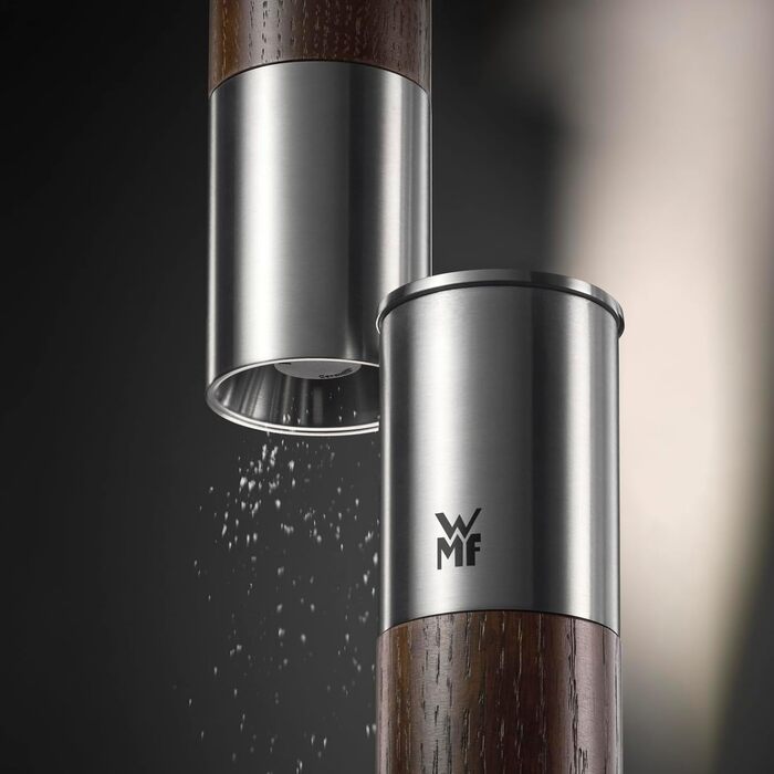 Мельниця для спецій WMF Nature Pro – соляна та перечна мельниця з керамічним механізмом, регульованим ступенем помелу, легко заповнюється, кришкою для захисту аромату, довговічний нержавіючий сталь та дерево, ручна (темно-коричнева)