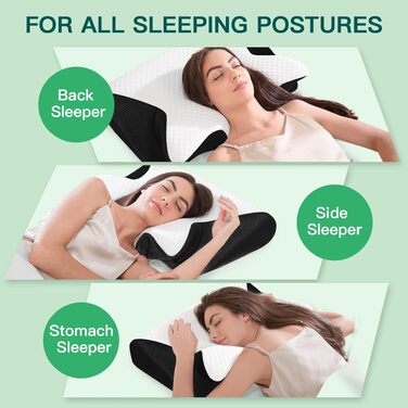 Подушка для шиї з піни Memory Foam 2-в-1, ергономічна, 60x40x12/14 см, чорна. Для спини, боку та живота.