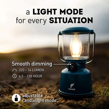 Favour Retro LED ліхтар для кемпінгу, акумуляторний, водонепроникний IP64, з диммером і режимом свічки, синій, ударостійкий, підвісний, знімний абажур, акумулятор у комплекті