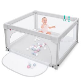 Дитячий манеж COSTWAY 120x120 см з 50 кульками, сіра ігрова зона з дихаючою сіткою, дверцятами та блискавкою для немовлят і малюків