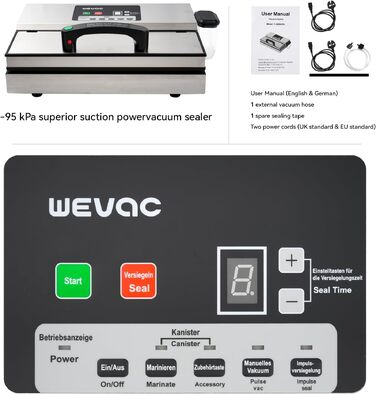 Wevac Вакууматор професійний нержавіюча сталь, 30 см, 16 л/хв, регульована потужність, для сухих та вологих продуктів