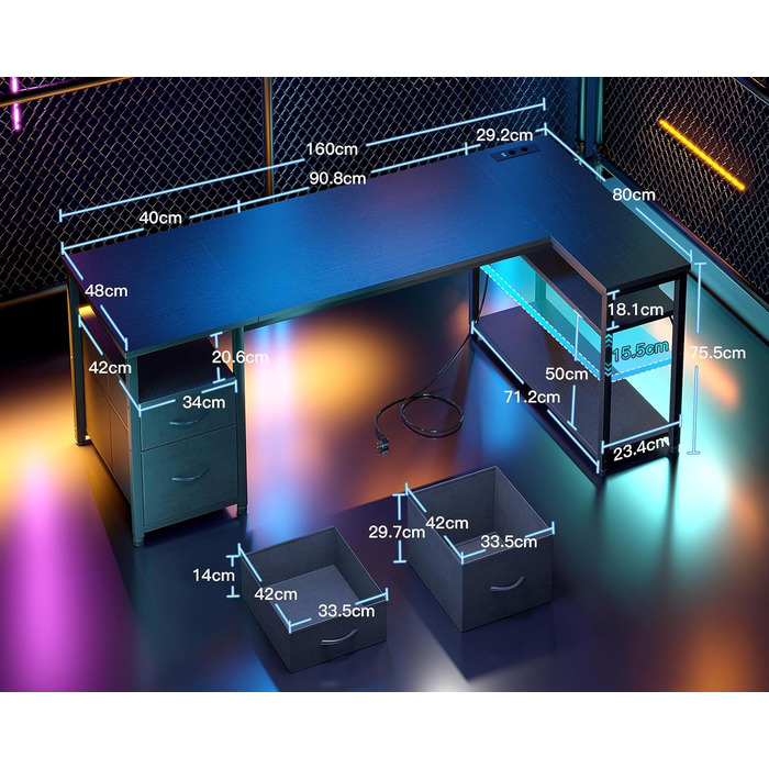 Кутовий письмовий стіл Coleshome з 2 шухлядами та полицею, 140x80 см, з розеткою, чорний. Ігровий стіл для дому та офісу