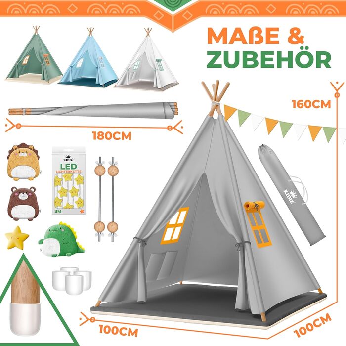Дитячий ігровий намет KIDIZ Tipi 100x100x160 см з бавовни з LED-гірляндою, світловою зіркою, прапорцевою гірляндою, 3 плюшевими іграшками, килимком і сумкою для зберігання, для дому та вулиці