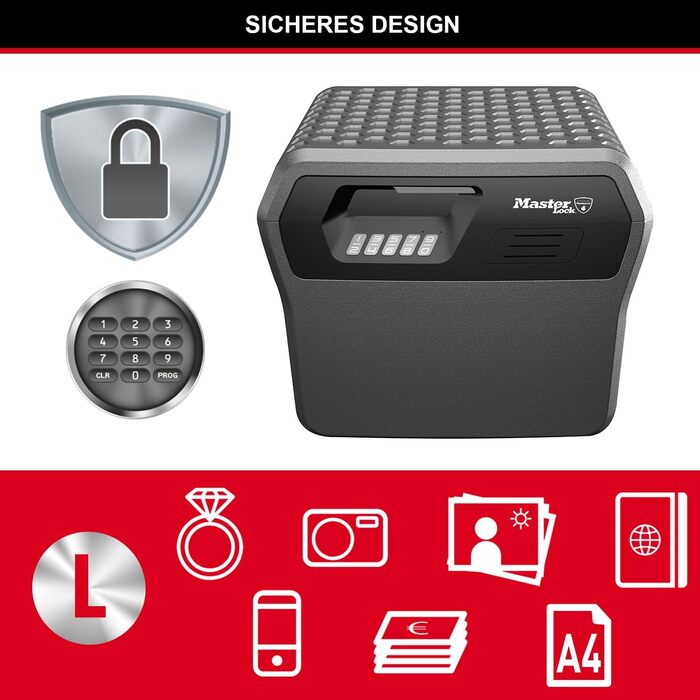 Вогнетривка та водонепроникна касета Master Lock FHW40300 для документів та грошей, електронний замок, 18,5 л, для документів A4, електроніки